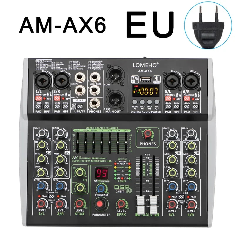 Lomeho 6 Channel Mixing Console Bluetooth 7 Band EQ Audio Sound Mixer 48V 99 DSP Effects Professional USB PC Karaoke AM-AX6