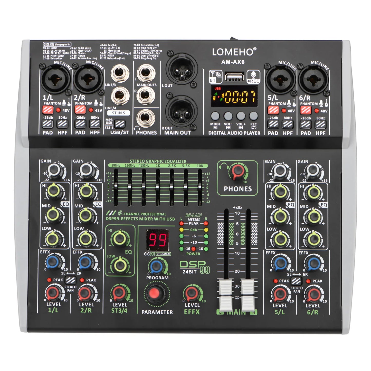 Lomeho 6 Channel Mixing Console Bluetooth 7 Band EQ Audio Sound Mixer 48V 99 DSP Effects Professional USB PC Karaoke AM-AX6