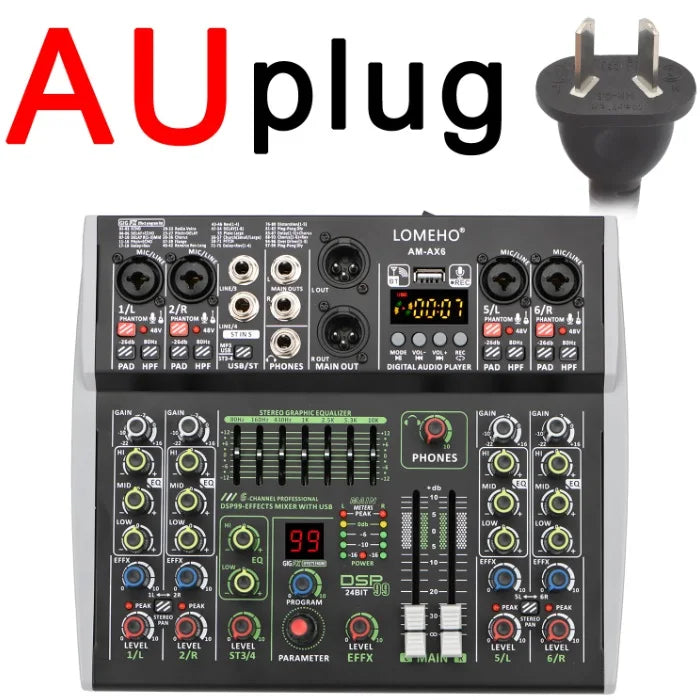 Lomeho 6 Channel Mixing Console Bluetooth 7 Band EQ Audio Sound Mixer 48V 99 DSP Effects Professional USB PC Karaoke AM-AX6