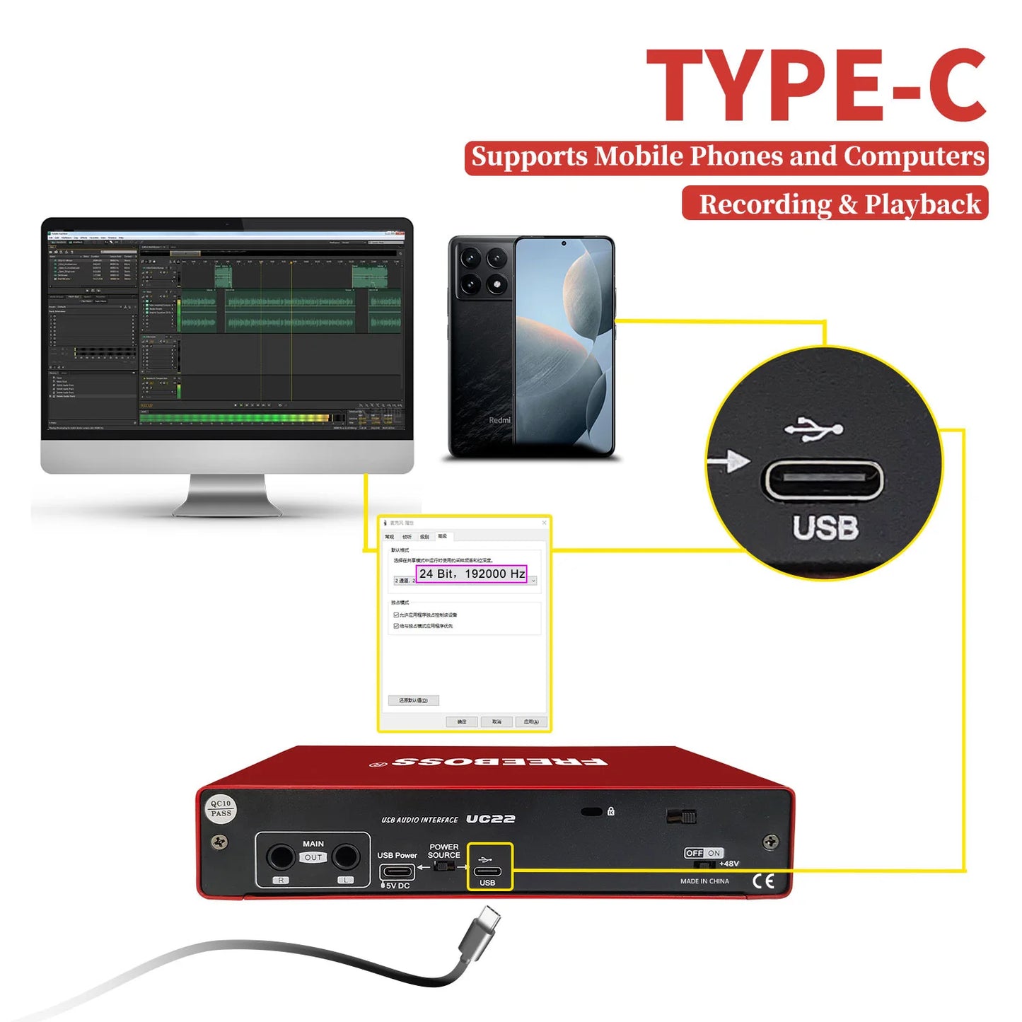 FREEBOSS 24bit 192KHz Audio Interface External Loopback Usb Sound Card Guitar Recording Stereo Monitor Soundcard for studio UC22