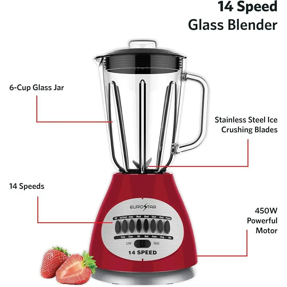 450W Peak Power Blender 14-Speed Glass Jar Smoothie Maker Ice Crushing Stainless Steel Blades Easy Clean Dishwasher Safe