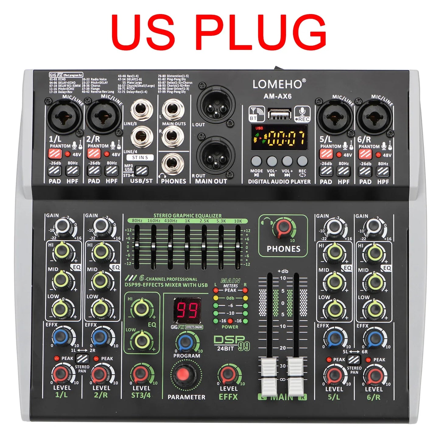 Lomeho 6 Channel Mixing Console Bluetooth 7 Band EQ Audio Sound Mixer 48V 99 DSP Effects Professional USB PC Karaoke AM-AX6