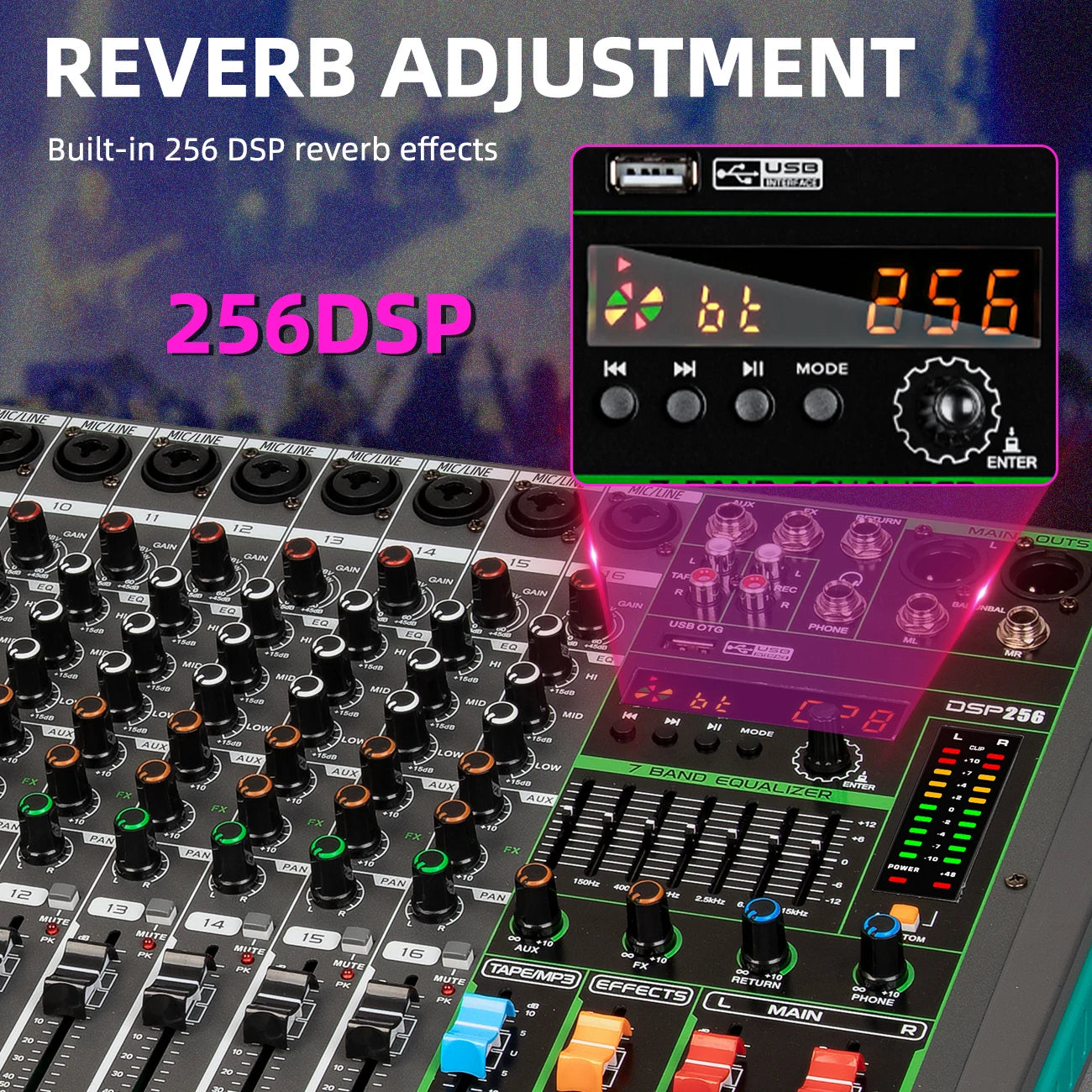 16 Channels Audio Sound Mixer Depusheng MG16 Mixing DJ Console USB with 48V Phantom Power 256 DSP Effects Sound Table for stage