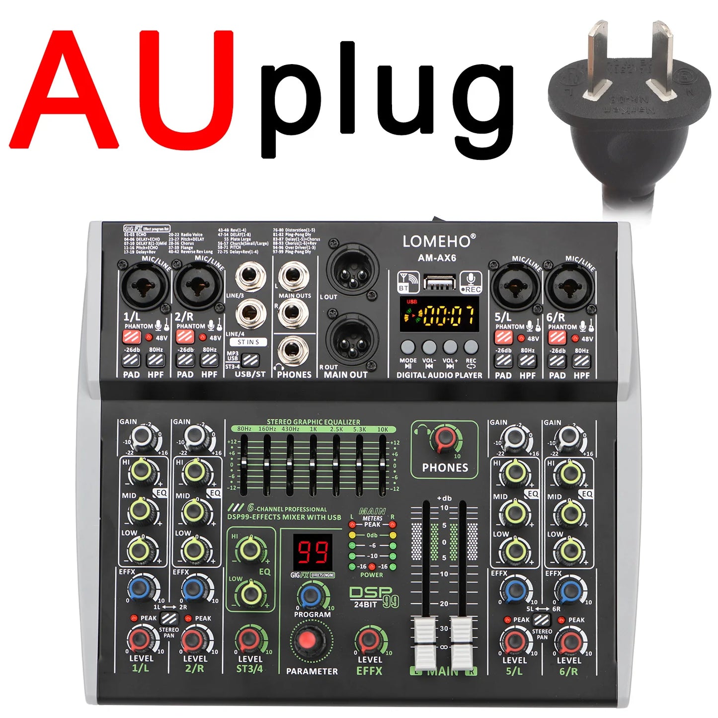 4/6 Channel Mixing Console 48V 99 DSP Effect Bluetooth Lomeho Audio DJ Mixer USB PC Play Record Podcast Sound Table AM-AX4