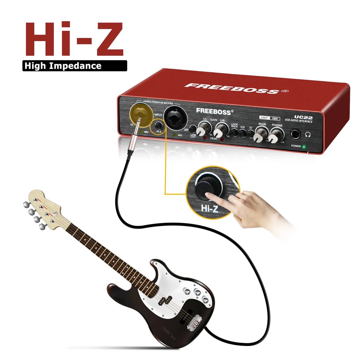FREEBOSS 24bit 192KHz Audio Interface External Loopback Usb Sound Card Guitar Recording Stereo Monitor Soundcard for studio UC22