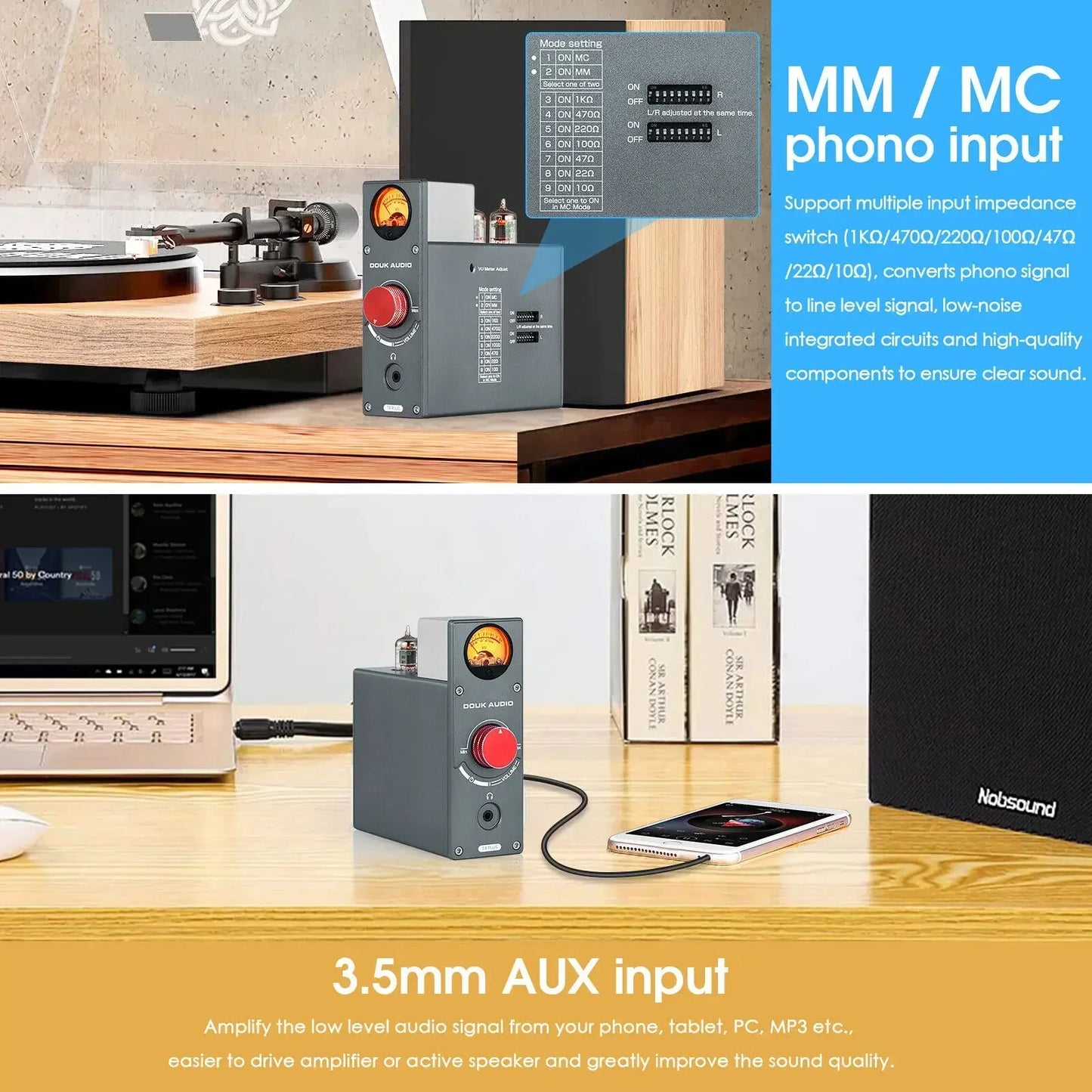 Nobsound 5654 Valve Tube Phono Stage Preamp Stereo Audio Preamp for TV/MP3/Phone Headphone Amp w/VU Meter