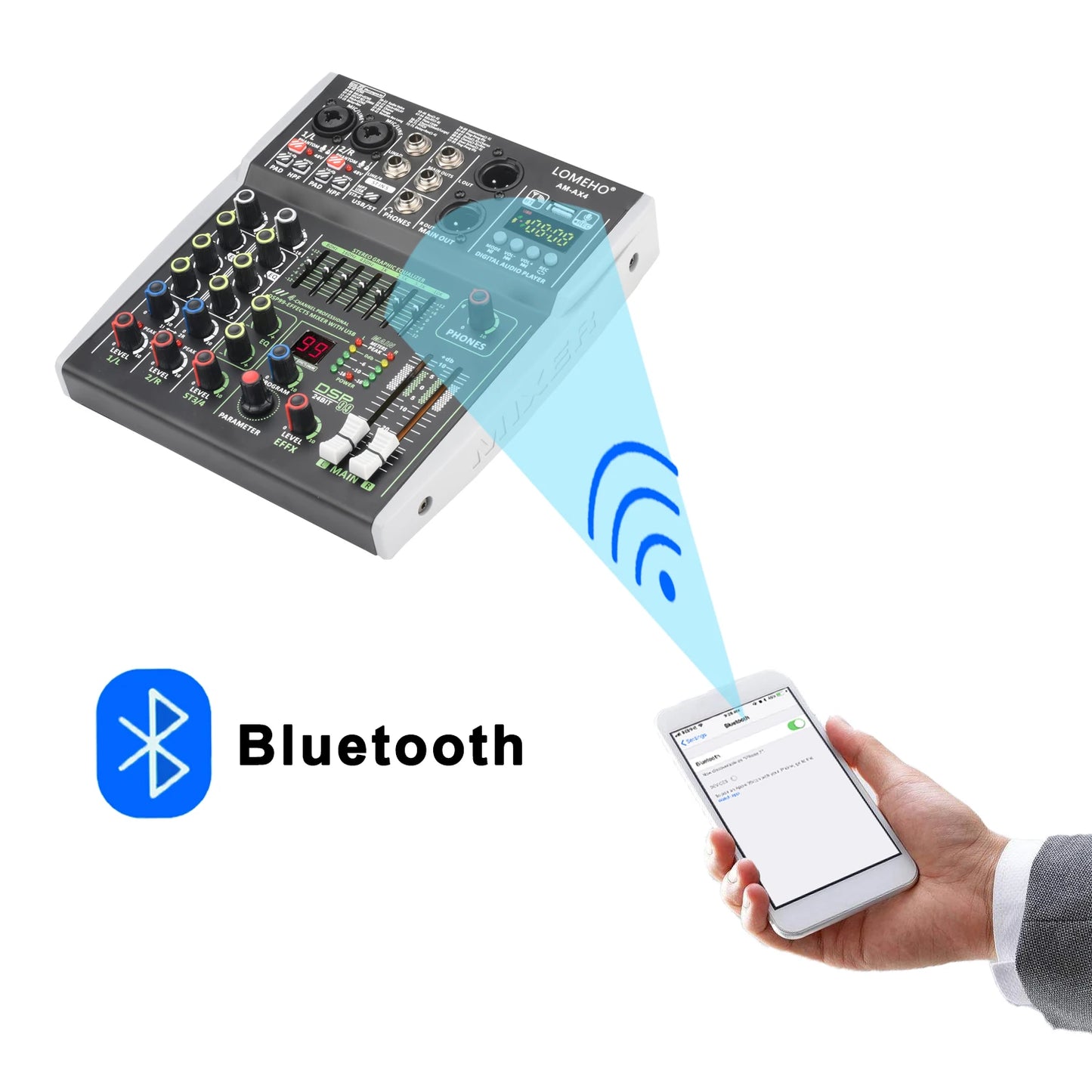 4/6 Channel Mixing Console 48V 99 DSP Effect Bluetooth Lomeho Audio DJ Mixer USB PC Play Record Podcast Sound Table AM-AX4