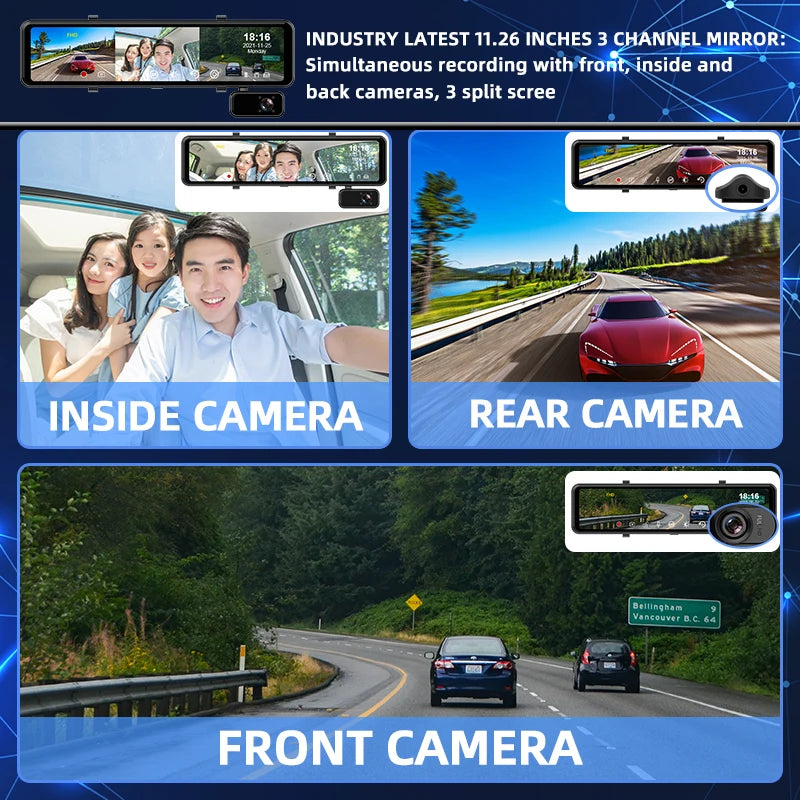 E-ACE Car Dvr 11.26 Inch Video Recorder 3 Cameras 1080P Stream Media Dash cam Rearview Mirror With Rear Camera Support WIFI GPS