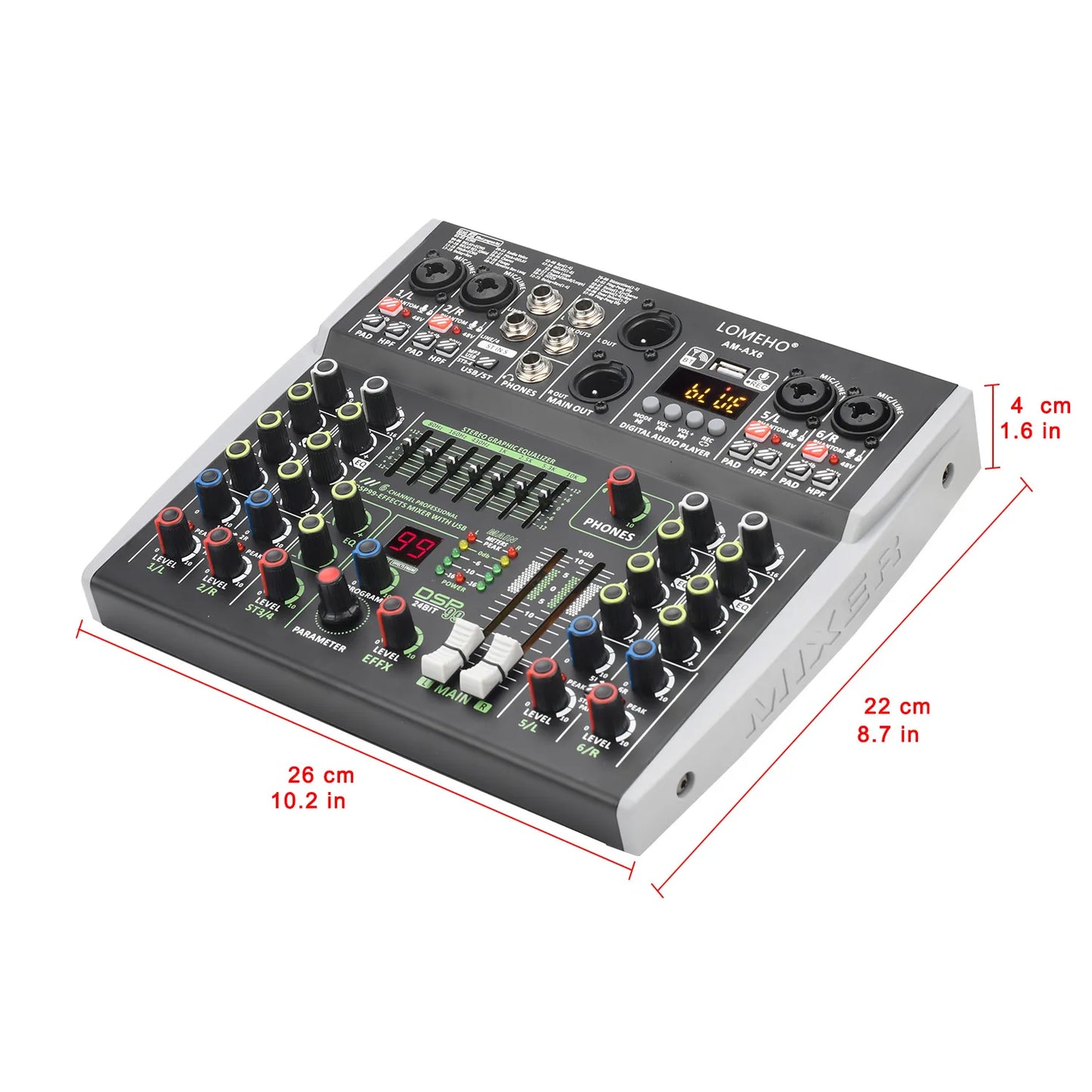 Lomeho 6 Channel Mixing Console Bluetooth 7 Band EQ Audio Sound Mixer 48V 99 DSP Effects Professional USB PC Karaoke AM-AX6