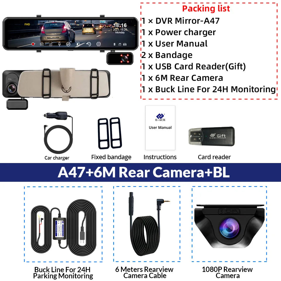 E-ACE Car Dvr 11.26 Inch Video Recorder 3 Cameras 1080P Stream Media Dash cam Rearview Mirror With Rear Camera Support WIFI GPS