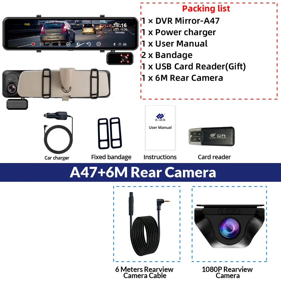 E-ACE Car Dvr 11.26 Inch Video Recorder 3 Cameras 1080P Stream Media Dash cam Rearview Mirror With Rear Camera Support WIFI GPS