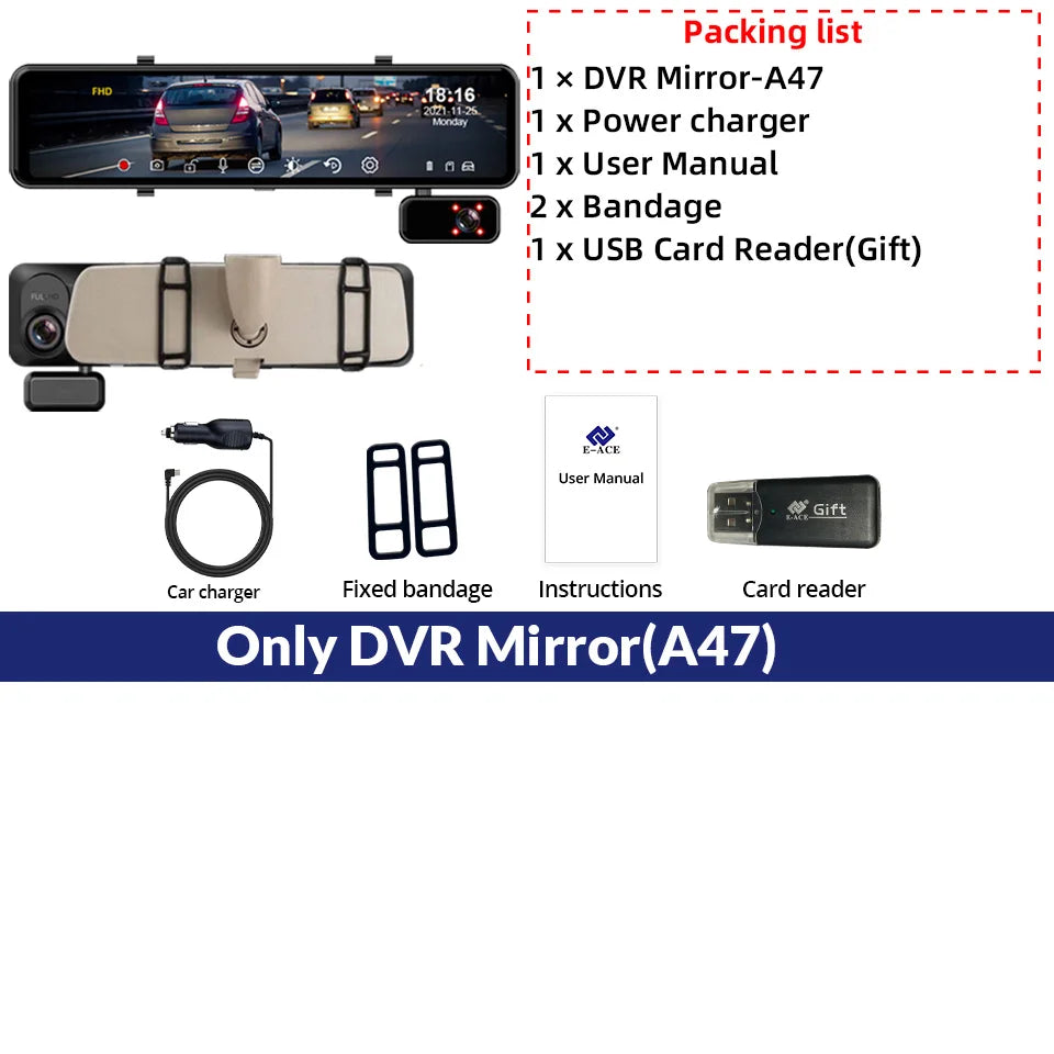 E-ACE Car Dvr 11.26 Inch Video Recorder 3 Cameras 1080P Stream Media Dash cam Rearview Mirror With Rear Camera Support WIFI GPS