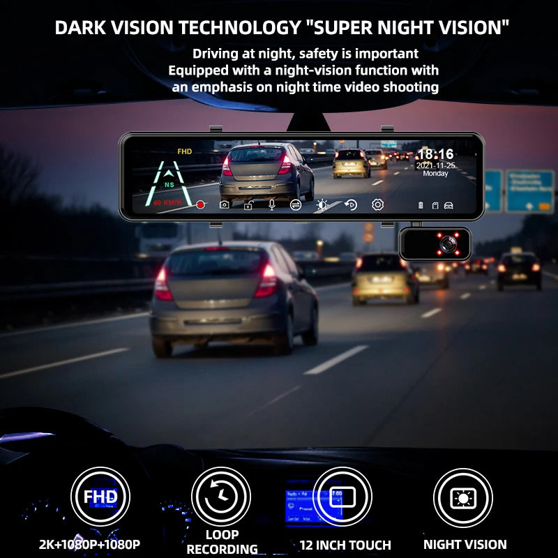 E-ACE Car Dvr 11.26 Inch Video Recorder 3 Cameras 1080P Stream Media Dash cam Rearview Mirror With Rear Camera Support WIFI GPS