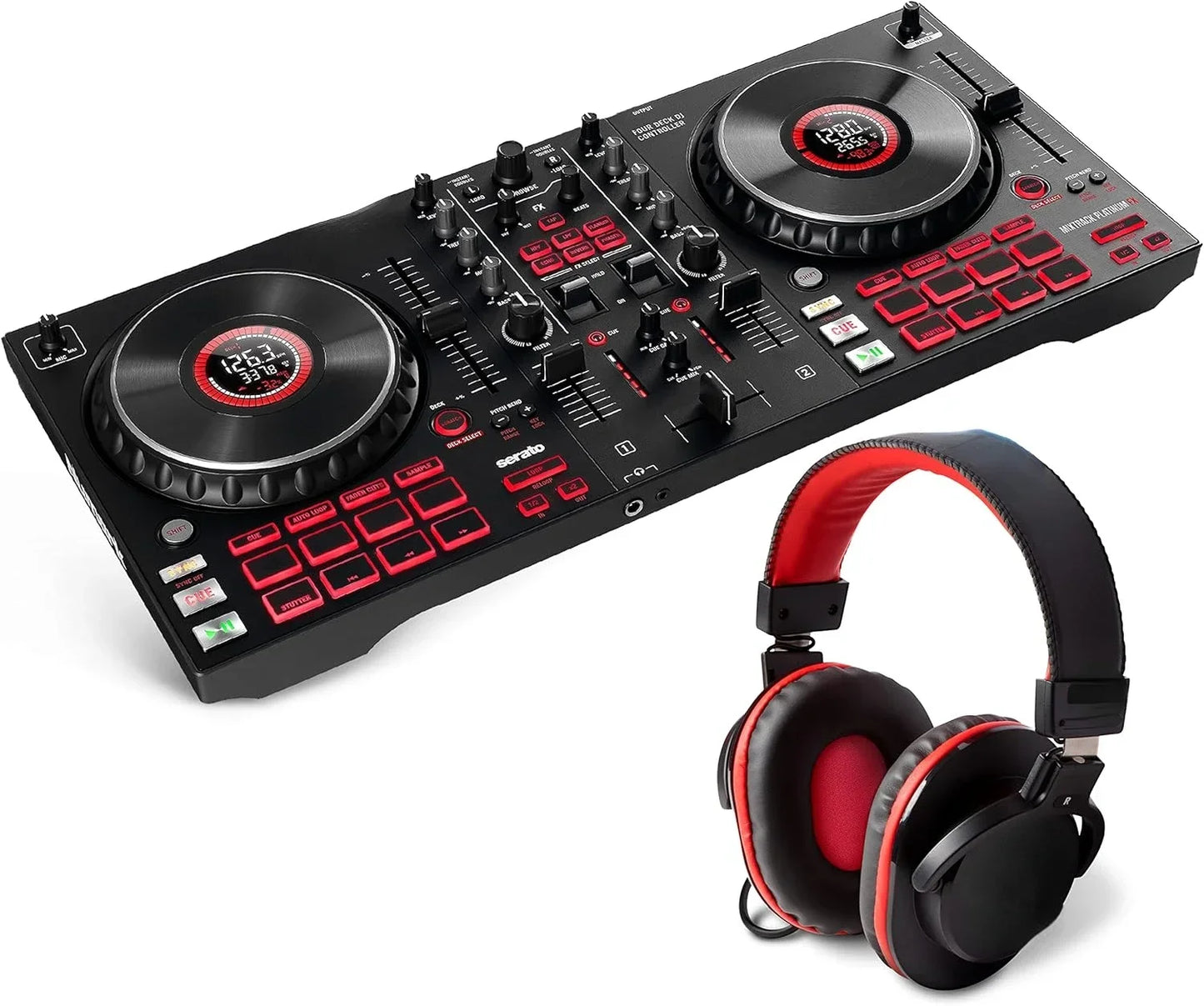 NEW Platinum Serato Control, DJ Mixer, Built-in Audio Interface, FX Paddles, 4 Decks + Jog Wheel Displays