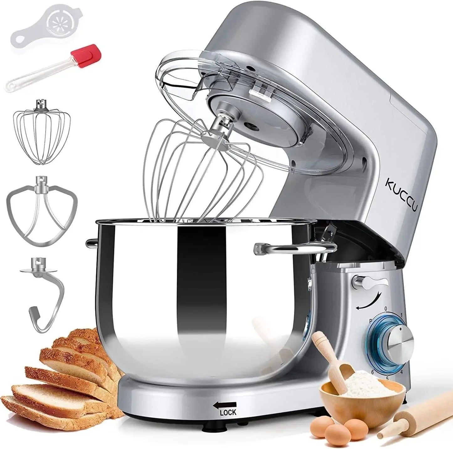 8.5 QT Double Handle KUCCU Stand Mixer, 6 Speed with Pulse Electric Kitchen Mixer, 660W Tilt-Head Food Mixer