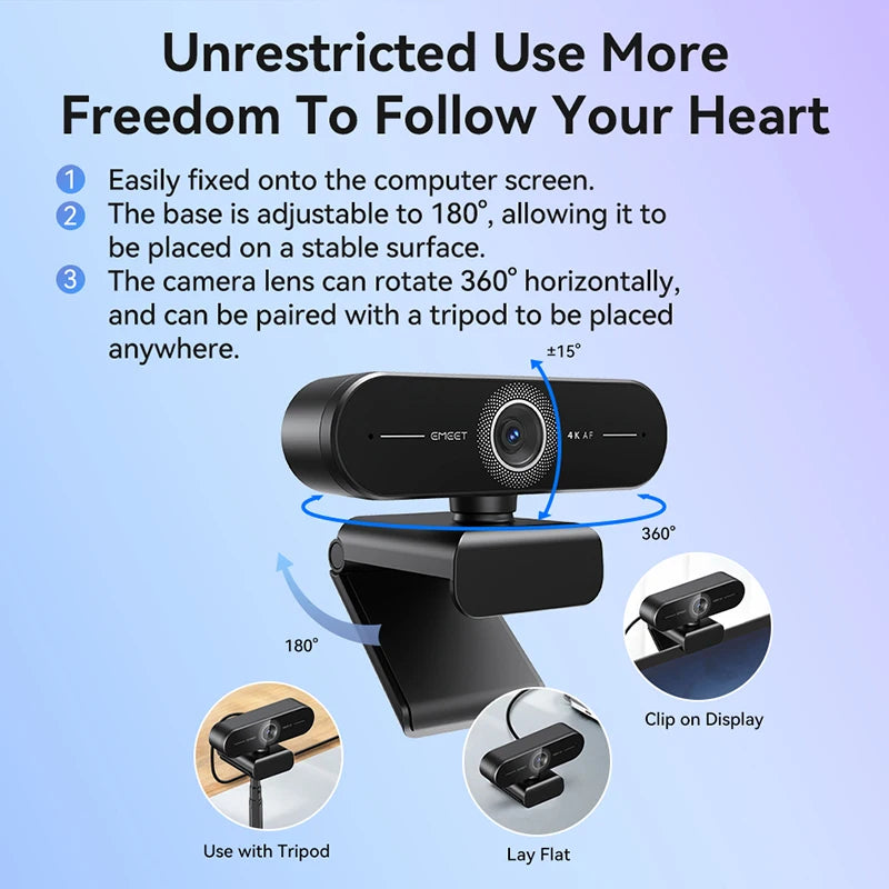 EMEET Webcam Autofocus Streaming Web Camera 4K/2K/1080P 60FPS Web Cam 73°FOV USB Computer Camera with Dual Mics for PC/Laptop