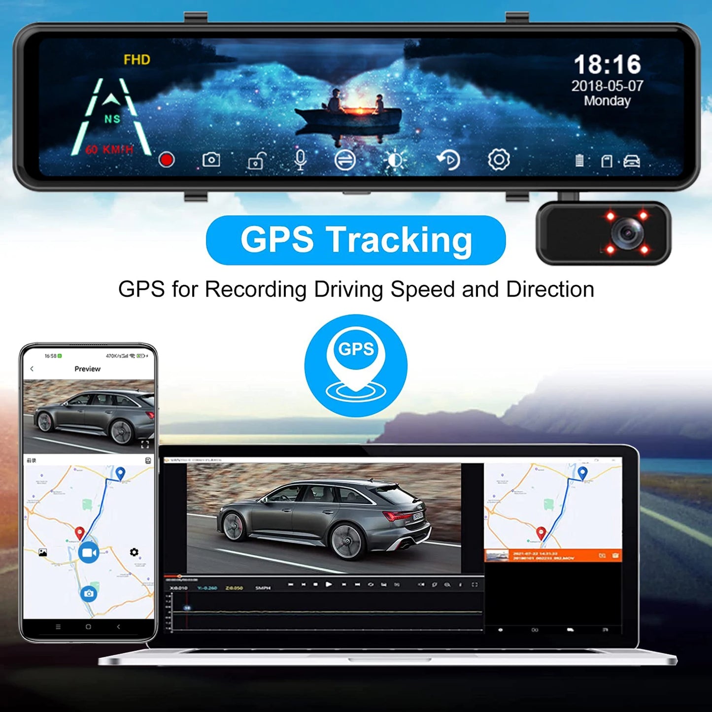 E-ACE Car Dvr 11.26 Inch Video Recorder 3 Cameras 1080P Stream Media Dash cam Rearview Mirror With Rear Camera Support WIFI GPS