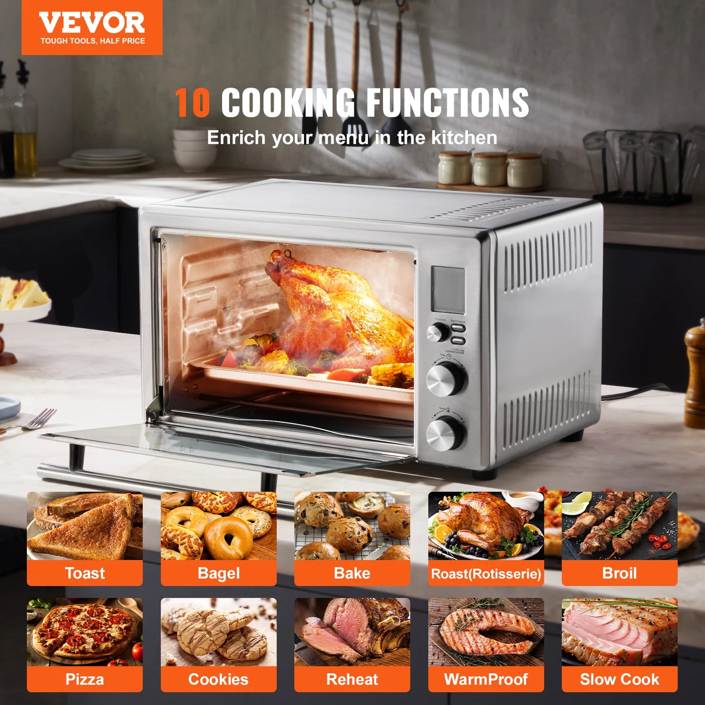 VEVOR 10-IN-1 Convection Oven, 28L/29.6Qt Multifunctional Conventional Oven Countertop, 1800W 4-Tier Toaster