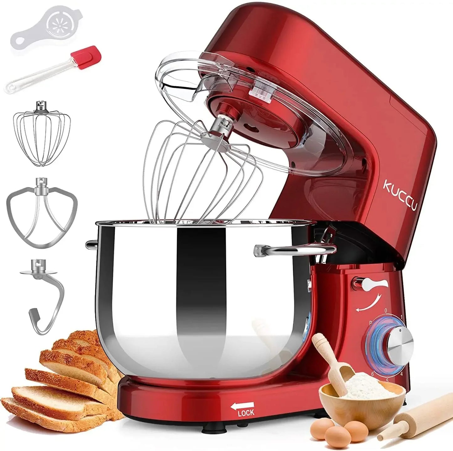 8.5 QT Double Handle KUCCU Stand Mixer, 6 Speed with Pulse Electric Kitchen Mixer, 660W Tilt-Head Food Mixer