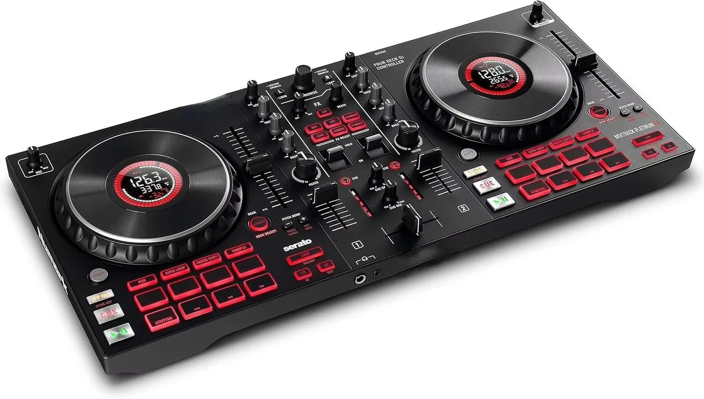 NEW Platinum Serato Control, DJ Mixer, Built-in Audio Interface, FX Paddles, 4 Decks + Jog Wheel Displays