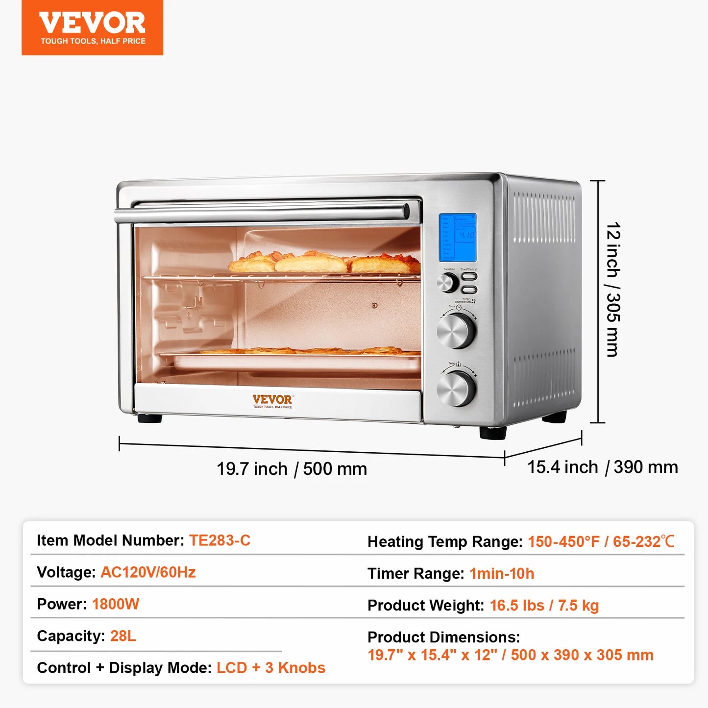VEVOR 10-IN-1 Convection Oven, 28L/29.6Qt Multifunctional Conventional Oven Countertop, 1800W 4-Tier Toaster