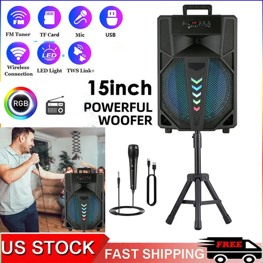3000W Portable Bluetooth Speaker 15" Subwoofer w/Stand Sound System Wireless Rechargeable Boombox Party Speaker