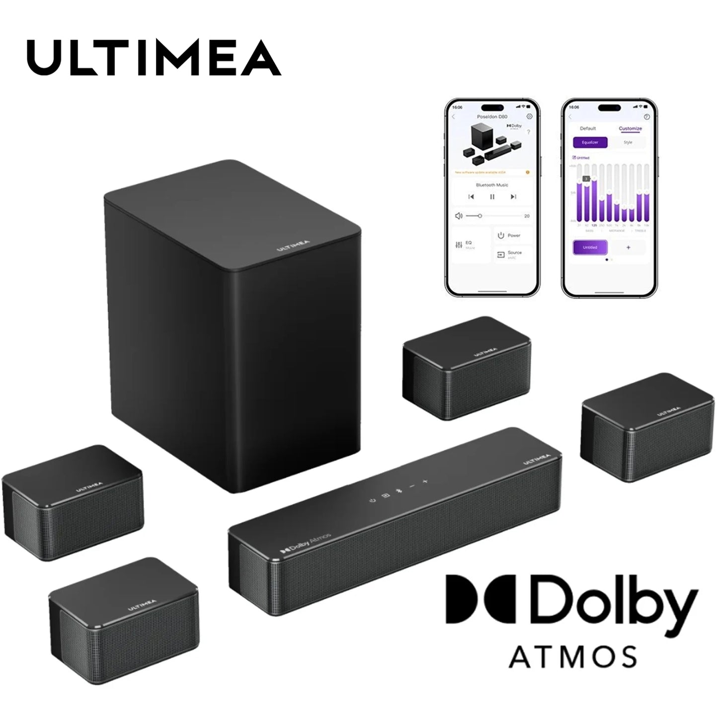 ULTIMEA 7.1 Soundbar with Dolby Atmos and APP Control, Home Theater Bluetooth Speaker with Wrieless Subwoofer&4 Surround Speaker
