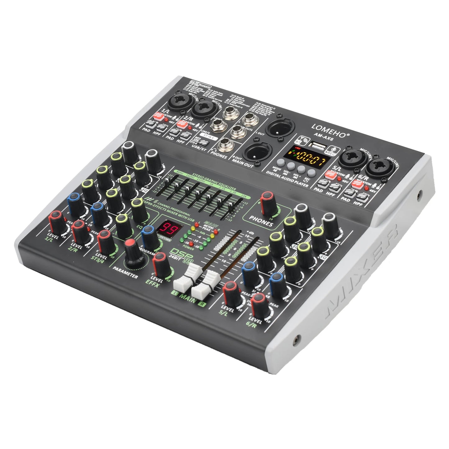 Lomeho 6 Channel Mixing Console Bluetooth 7 Band EQ Audio Sound Mixer 48V 99 DSP Effects Professional USB PC Karaoke AM-AX6