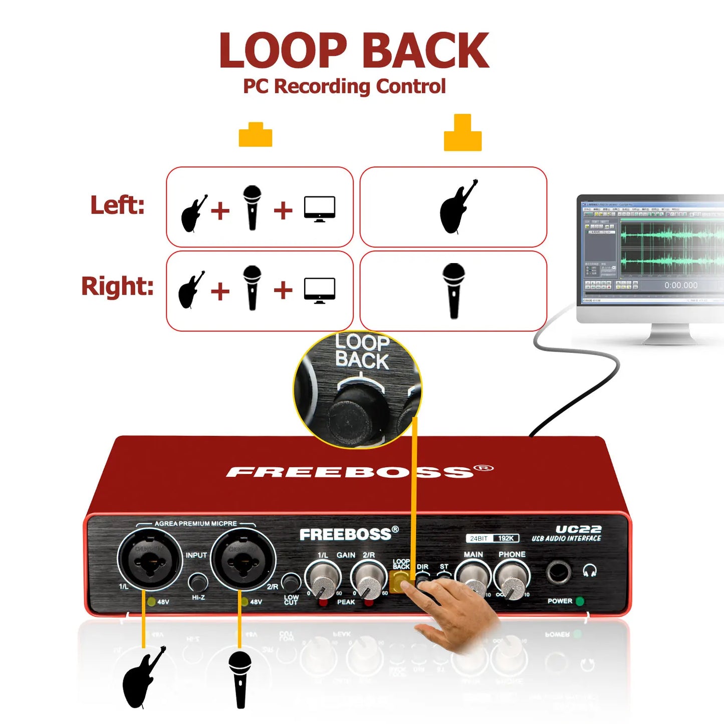 FREEBOSS 24bit 192KHz Audio Interface External Loopback Usb Sound Card Guitar Recording Stereo Monitor Soundcard for studio UC22