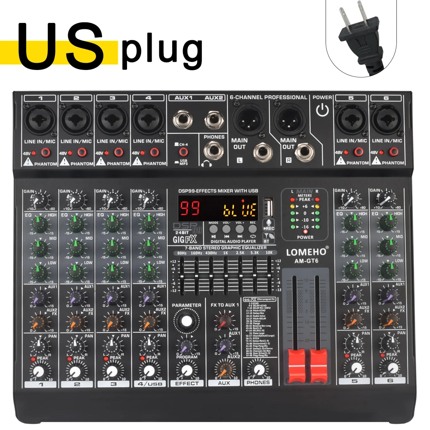 LOMEHO 6 Mono Channels Mixing Console 99 Digital Effects Bluetooth USB PC Sound Audio Mixer with 48V for Karaoke Church AM-GT6