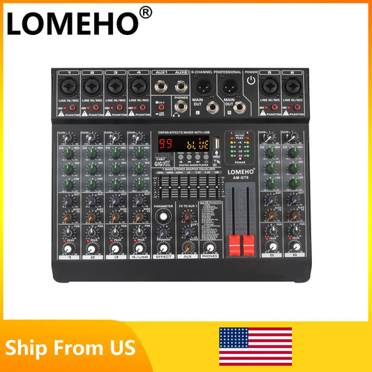 LOMEHO 6 Mono Channels Mixing Console 99 Digital Effects Bluetooth USB PC Sound Audio Mixer with 48V for Karaoke Church AM-GT6