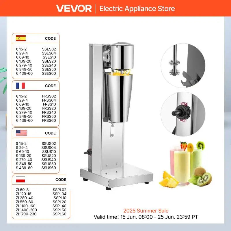 VEVOR Commercial Milkshake Machine 800ml Stainless Steel Electric Single Head Milk Bubble Tea Stirring Machine Smoothie Blender