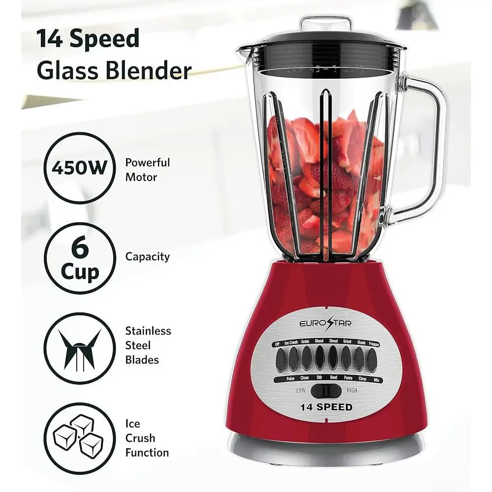 450W Peak Power Blender 14-Speed Glass Jar Smoothie Maker Ice Crushing Stainless Steel Blades Easy Clean Dishwasher Safe