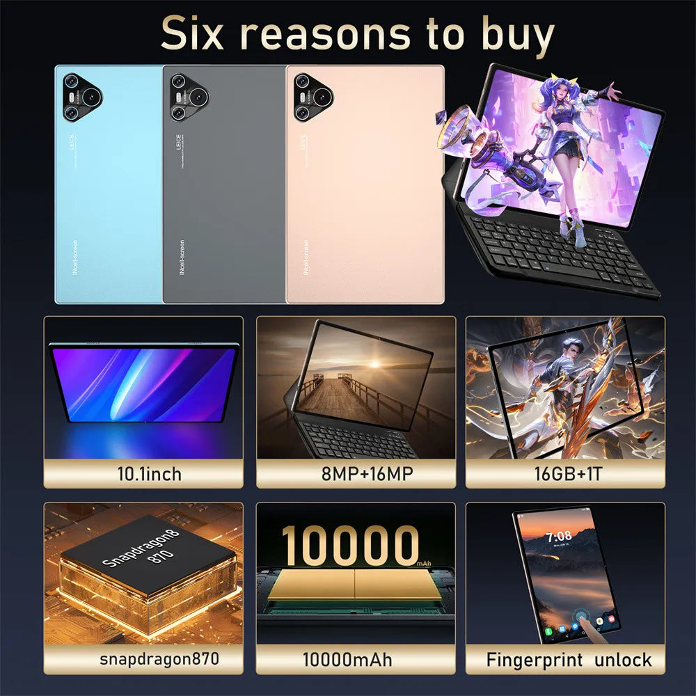 2025 New 16 Pro Tablet 10inch Android 4K 16GB+1TB Dual SIM Snapdragon 870 Tablet PC GPS 10000mAh Tablets For Children Kids Tab