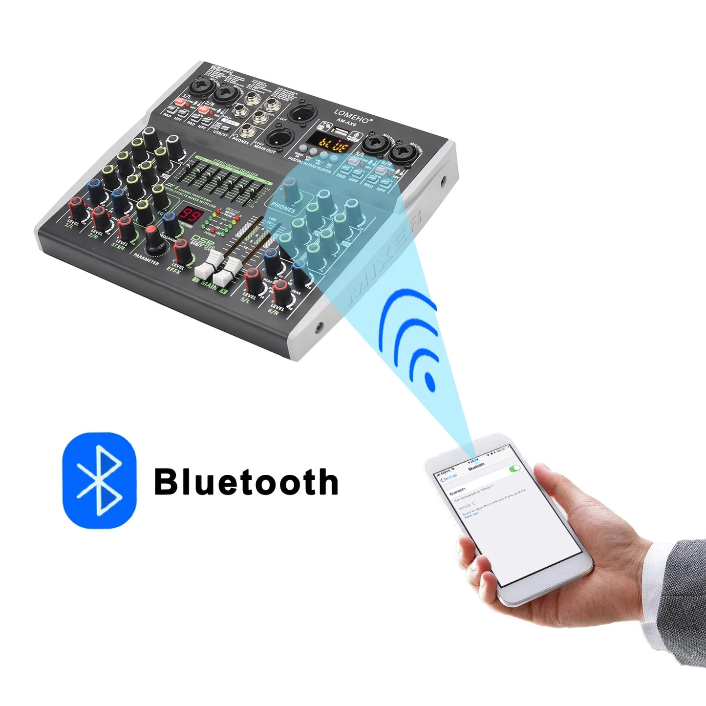Lomeho 6 Channel Mixing Console Bluetooth 7 Band EQ Audio Sound Mixer 48V 99 DSP Effects Professional USB PC Karaoke AM-AX6