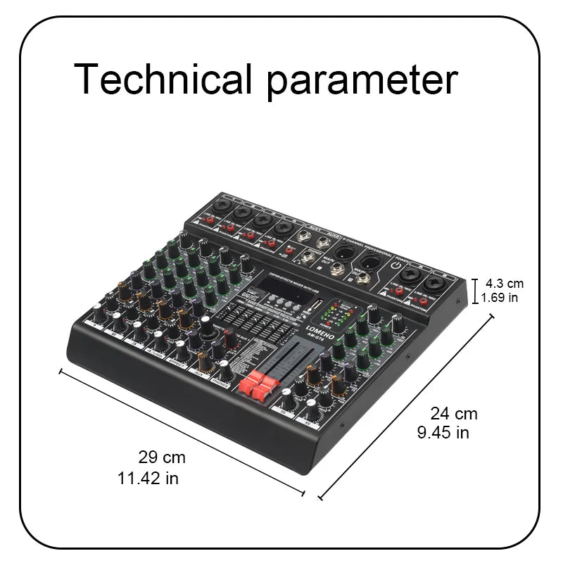 LOMEHO 6 Mono Channels Mixing Console 99 Digital Effects Bluetooth USB PC Sound Audio Mixer with 48V for Karaoke Church AM-GT6