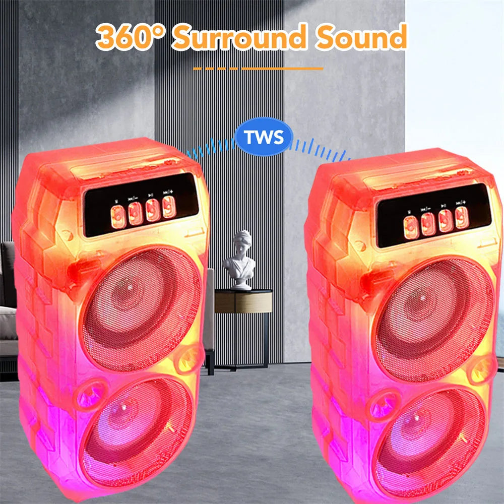 1000W Bluetooth Speaker Dual 3 inch Stereo Outdoor Portable Subwoofer 5.0 Wireless Speaker Rechargeable Transparent Speaker